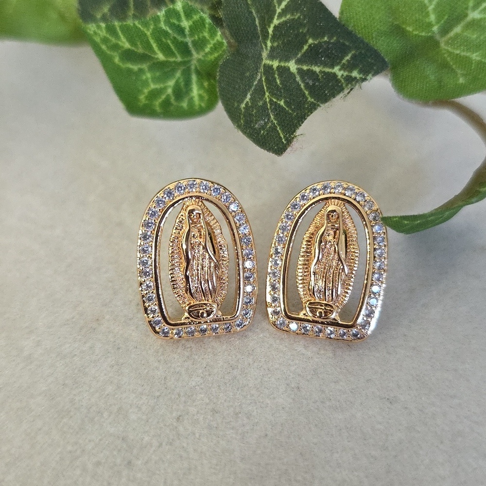 Yellow Gold Religious Icon Small Earrings Pave Crystals - Picture 4 of 7
